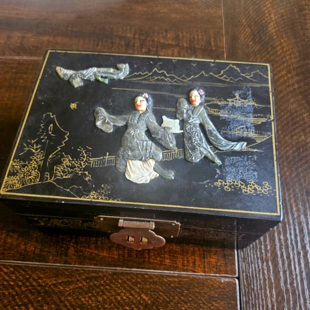 Older Vtg Chinese Lacquer Jewelry Box Hand Painted Carved Mother of Pearl Jade